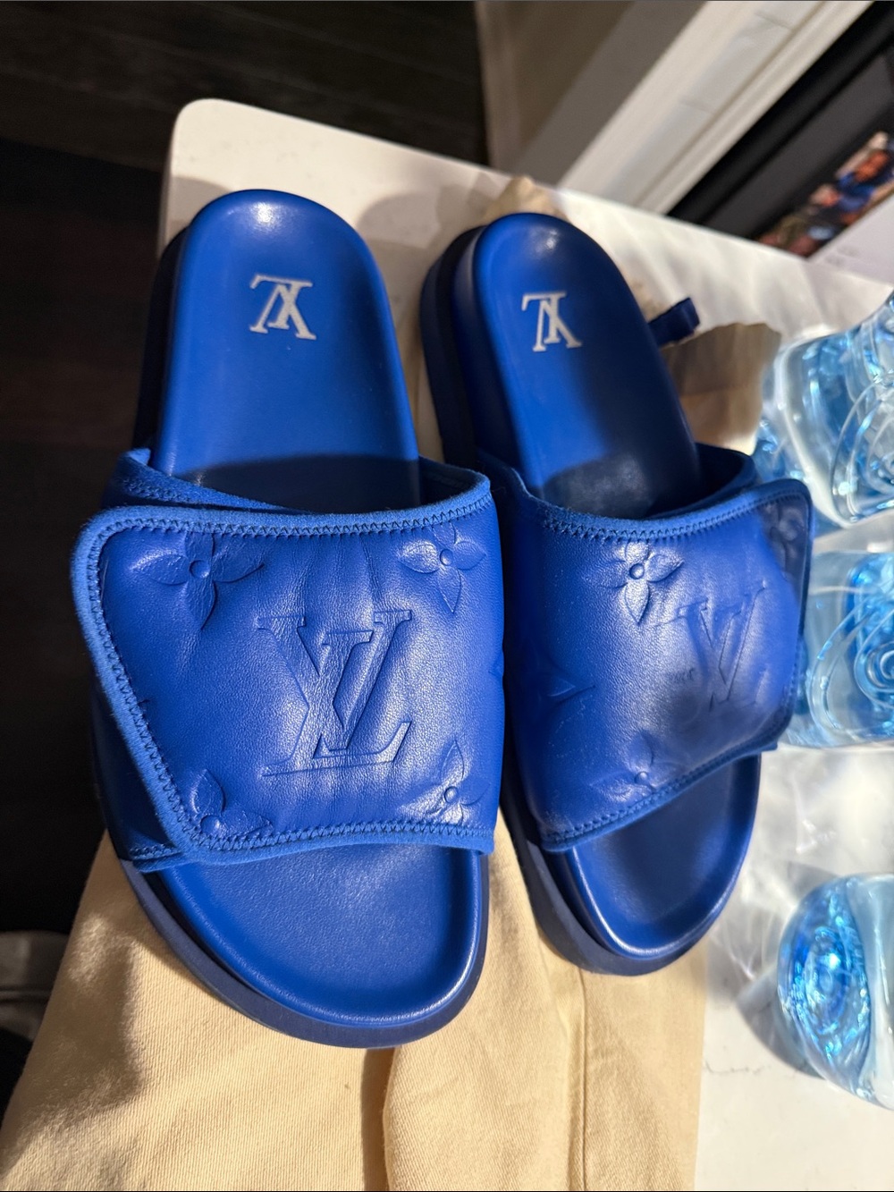 Louis Vuitton Cobalt Blue Embossed Monogram Slide Sandals